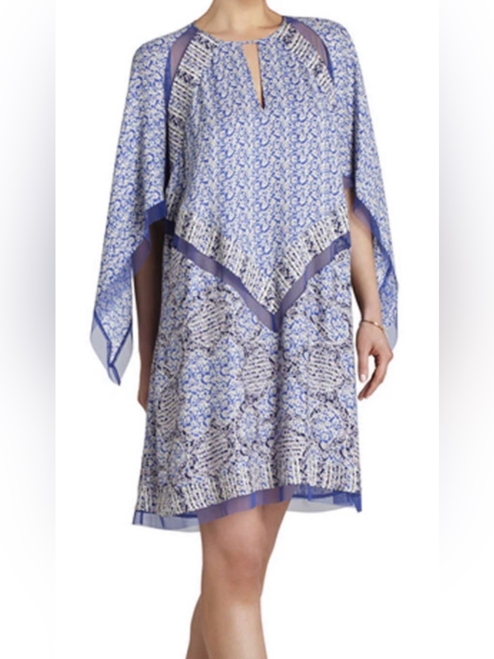 BCBGMaxAzria Blue and White Floral Paneled Long Sleeve Dress